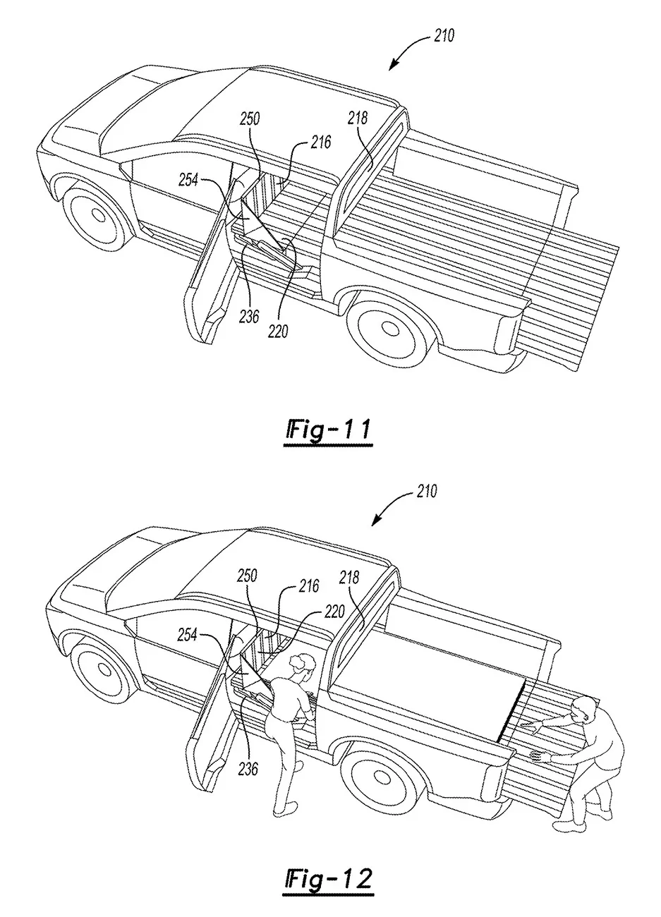 Ford Maverick EV Pickup Ranchero EV pickup design & passthrough potential preview in patent images anchero EV pickup design & passthrough 1